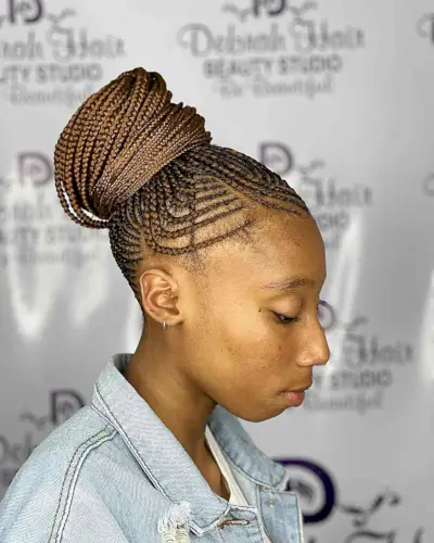 Brown Braided Bun with Small Cornrows