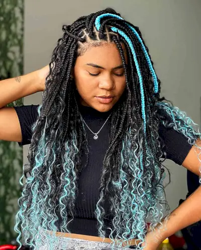 Stunning Box Braids with Teal Highlights for Black Women with curled loose ends