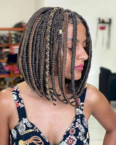 Chunky Box Braids with Ribbon Accents and Cuffs on a Bob Cut