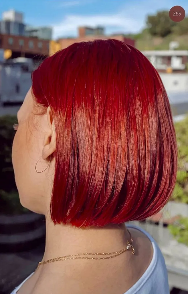 끝이 뭉툭하고 매끈하게 마무리된 천연 보브를 위한 빨간색 실크 프레스' title=