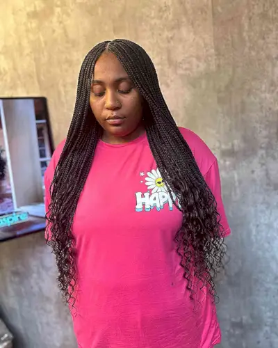 Hip-Length Middle Part Micro Braids with Curly Ends