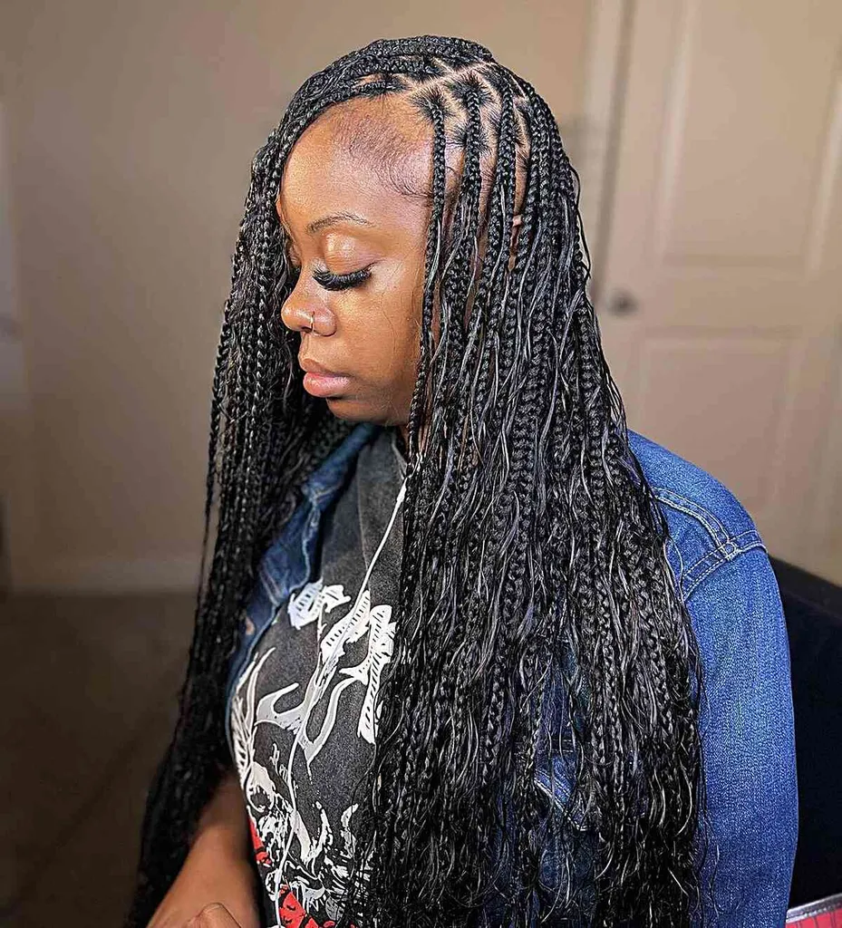 Dyp sidedelte lange knuteløse bohemfletter' title=