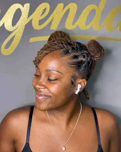 Rooted Brown Space Buns Updo with Side Bangs for Black Ladies