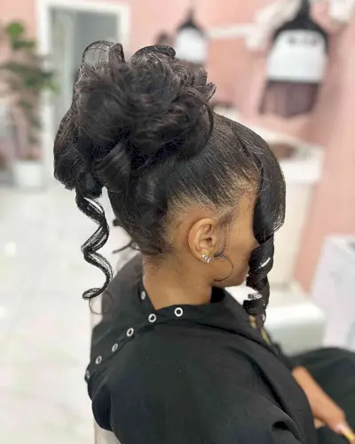 High Messy Updo Bun with Front Curls for Black Women