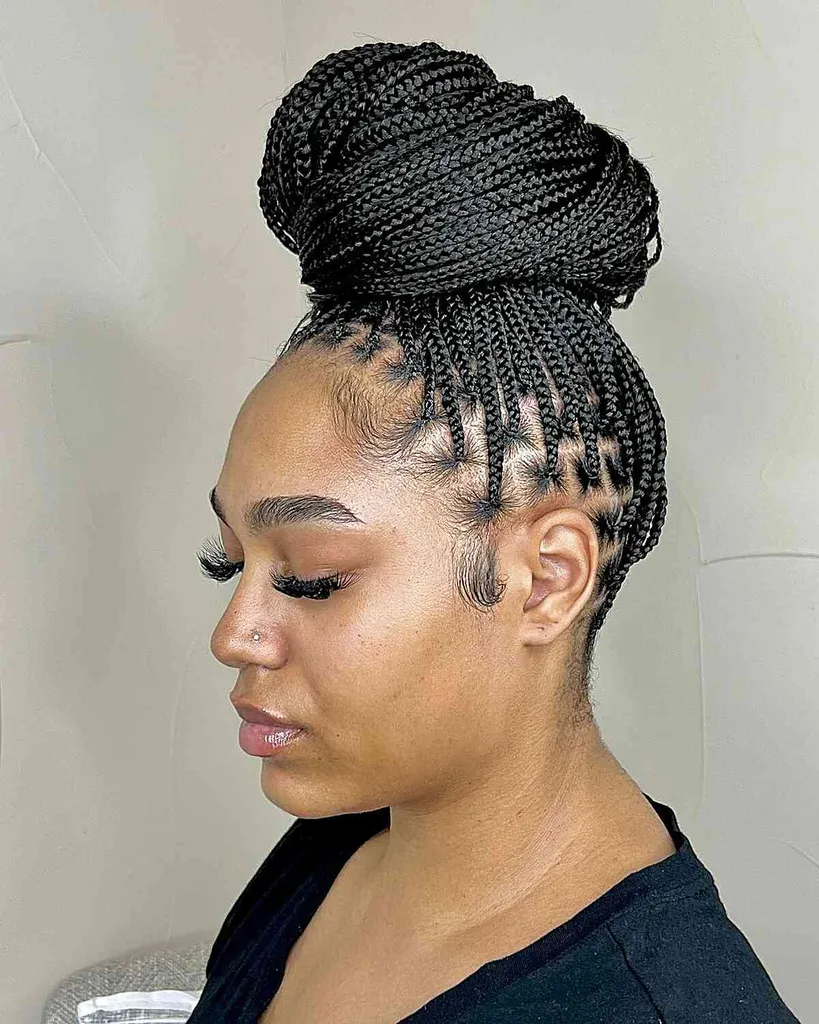 Coque alto trançado em caixa sem nós para mulheres negras de cabelos compridos' title=