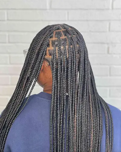 Long Small-Sized Black Knotless Traditional Box Braids with Soft Brown Highlights