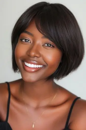 Bob redondeado con peinado corto con flequillo para mujeres negras.