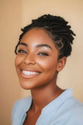 Loc Updo con peinado corto con puntas sueltas para mujeres negras.