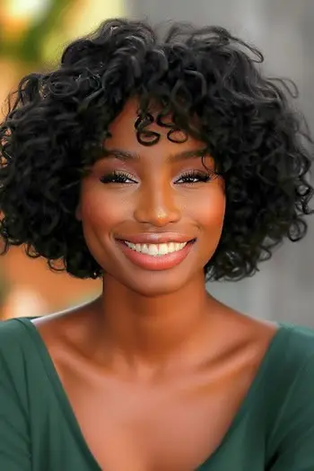 Peinado corto con rizos cortos y flequillo para mujeres negras.