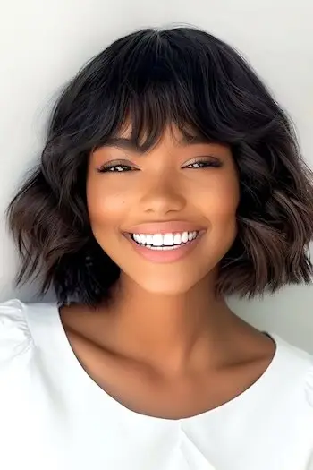 Bob corto ondulado con flequillo, peinado corto para mujeres negras.