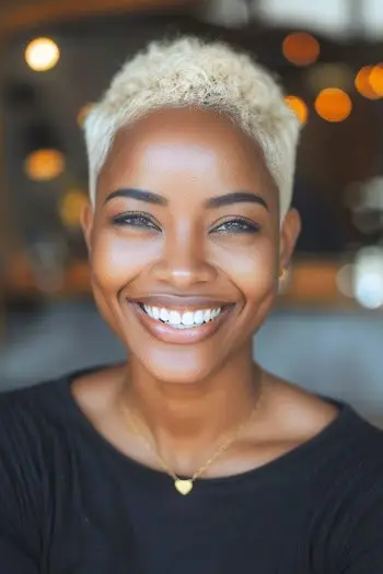 Peinado corto de corte cónico platino para mujeres negras.