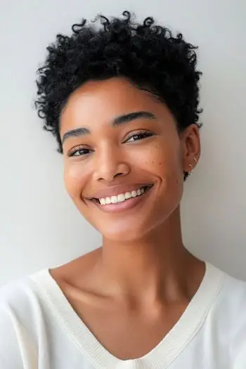 Corte Pixie con peinado corto con parte superior rizada para mujeres negras.