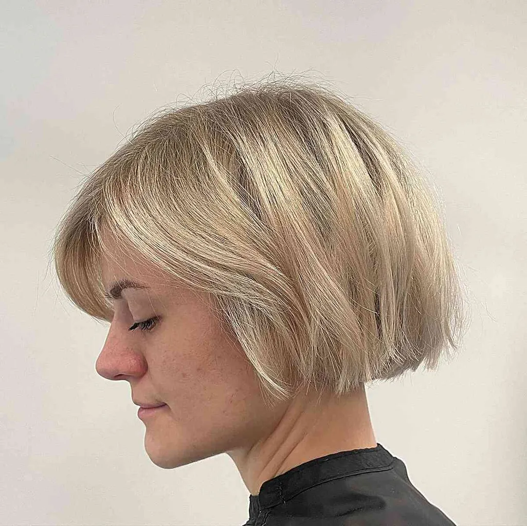 Neutral blond på käklångt snitt för kvinnor med finare lockar' title=