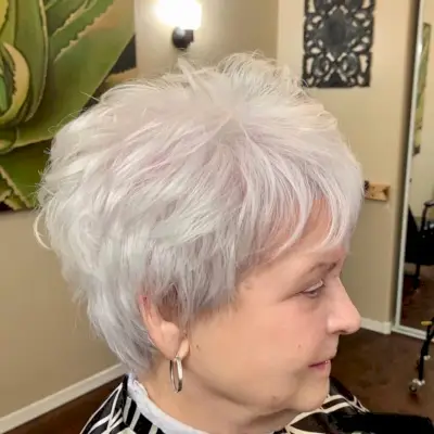 Icy silver pixie hair for women over 50