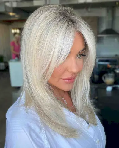 Stunning Mid-Length Icy White Blonde Straight Hair