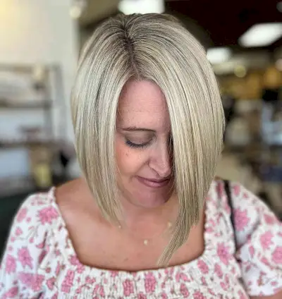 Light Ash Blonde on Side-Parted Asymmetrical Bob with Straight Angled Layers