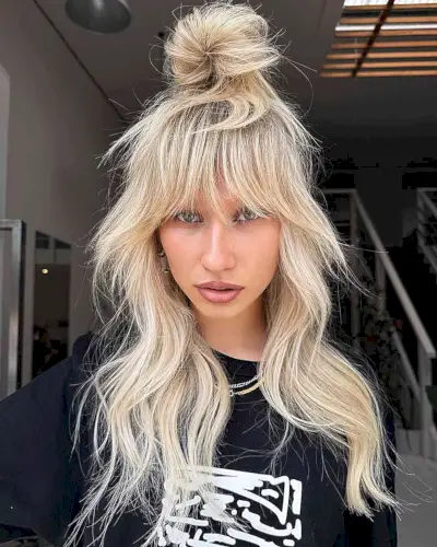 Long Blonde Half Updo Hairstyle with Bangs