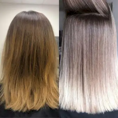 キャラメルブラウンオンブルからダークアッシュブロンドオンブルヘアへの変身。