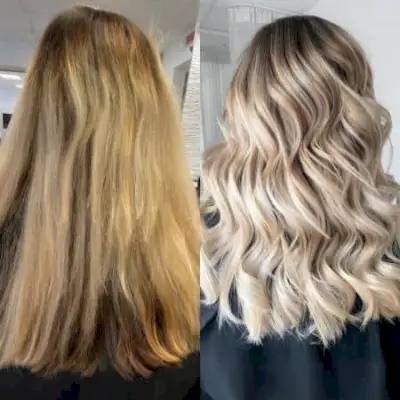 ダークブロンドからパールブロンドへのブロンドヘアの変身。