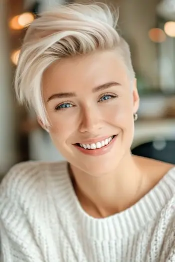 サイドを剃ったロングプラチナピクシー。