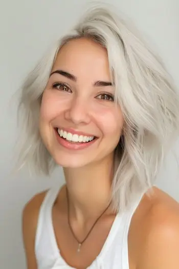 テクスチャードアッシュブロンドプラチナロブ、サイドパート付き。