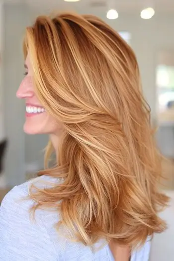 Idea di colore per capelli a strati biondo miele ramato.