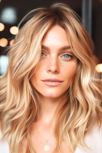 Idea di colore dei capelli con onde bionde miele beige caldo.