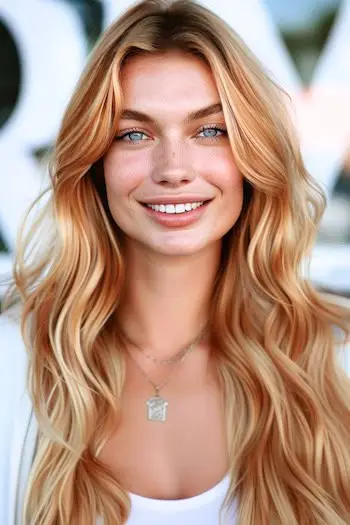 Idea di colore per capelli a onde lunghe biondo miele caldo fragola.