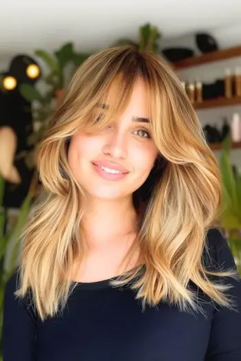 Idea colore per capelli biondo miele caldo con frangia a tenda.