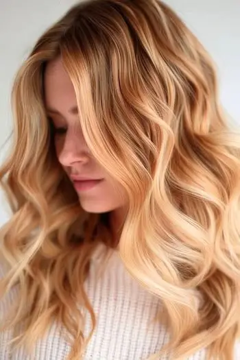 Balayage biondo miele su capelli mossi.