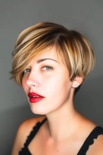 Idea per il colore dei capelli Pixie con riflessi color miele e radici scure.