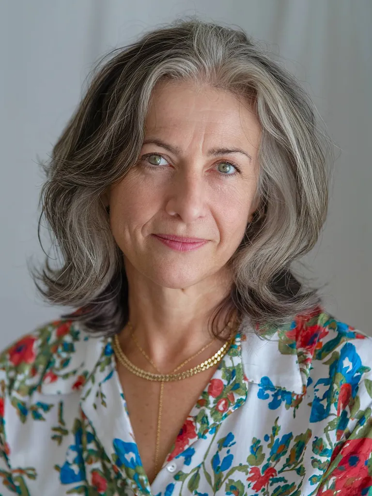 Šukuosena „Shaggy lob“ vyresnėms nei 50 metų moterims su švelniais plaukais' title=