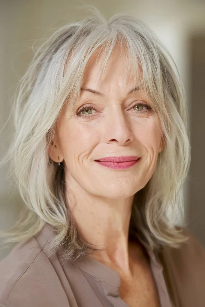 Švelnus plaukas ploniems žiliems plaukams su šiurkščiais sluoksniais' title=