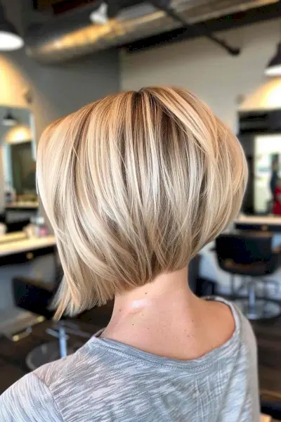 Choppy graduated bob hairstyle with soft blonde highlights and a gently tapered nape.