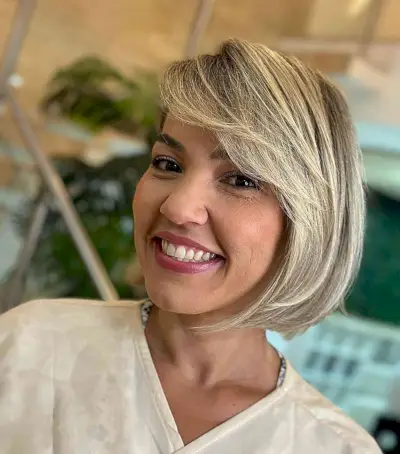 Sweeping Fringe on a Blonde Bob for ladies with thin hair