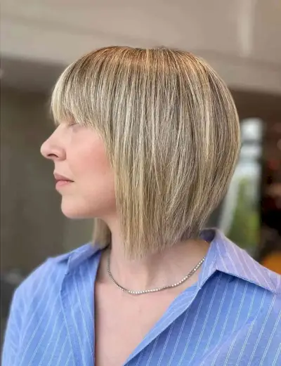Blonde Bob with Bangs and Slight Graduation Cut at Neck-Length