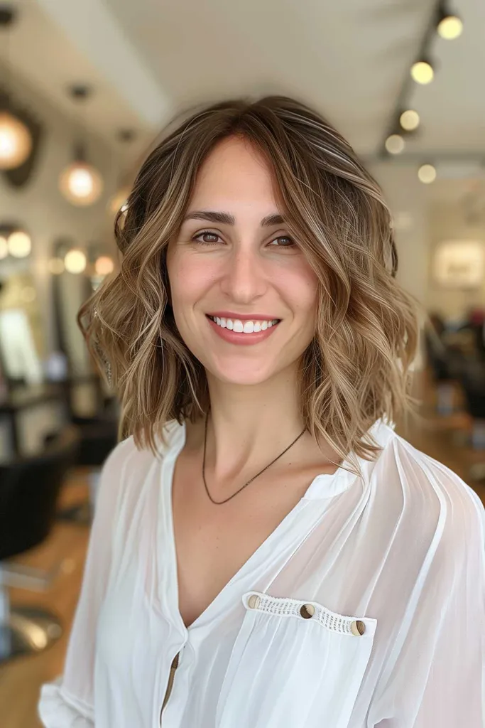 Medium ruige bob voor lange gezichtsvormen met fijn haar' title=