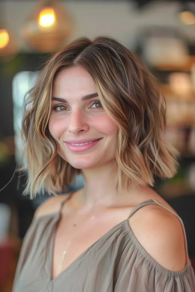 Golvende, ruige bob met gelaagde uiteinden voor fijn haar' title=