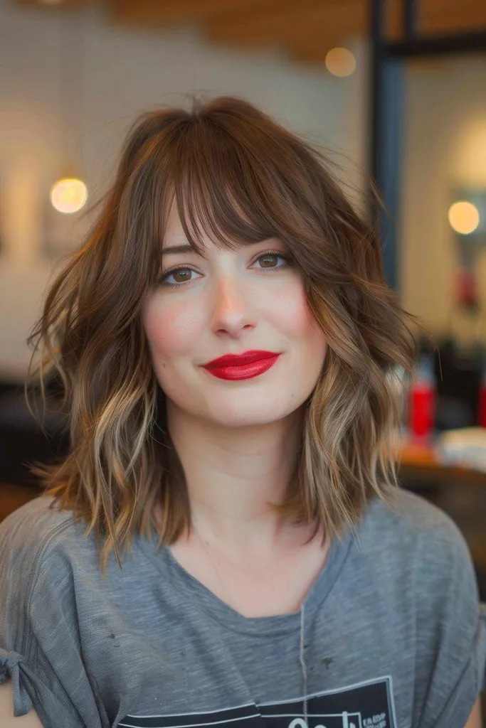 Shaggy bob op schouderlengte voor ovale gezichten met fijn haar' title=