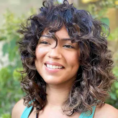 Brunette Loose Curls with Bangs