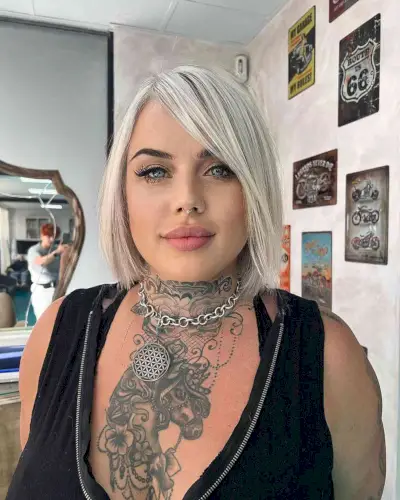 Sleek and Side-Parted Ash Blonde Blunt Cut Bob