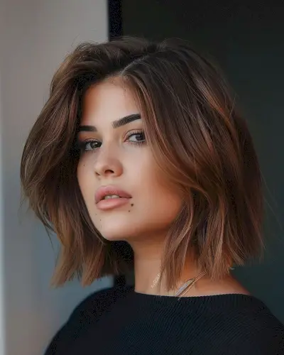 Tousled chestnut shoulder-length bob with subtle layers for diamond face shape
