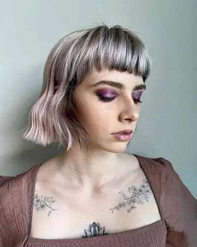 Chin-Length Muted Pink Blunt Box Bob with Fringe