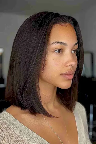 Medium-length brunette swing bob with a sleek A-line cut