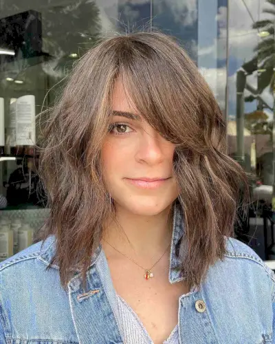 Textured Lob with Side Bangs for Thick Hair