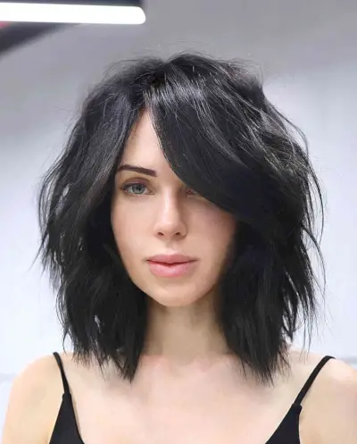 Jet Black Long Bob with Texture for women with choppy layered hair