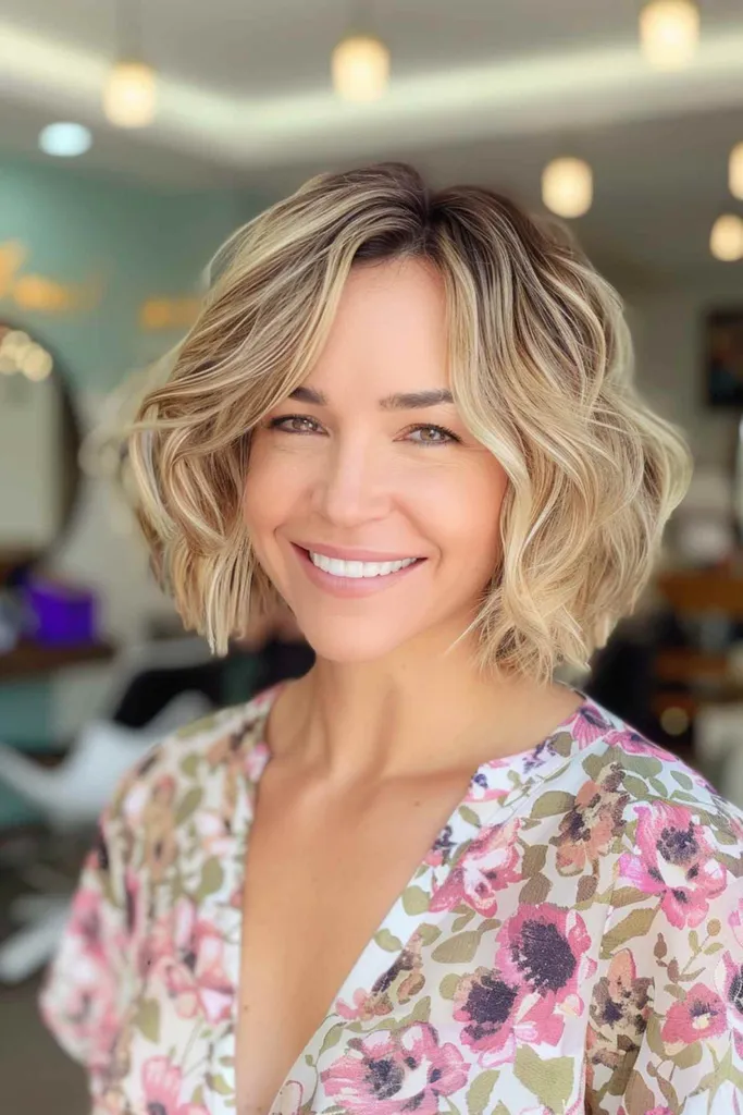 Strukturierter blonder Bob mit Seitenscheitel und lockeren Locken' title=