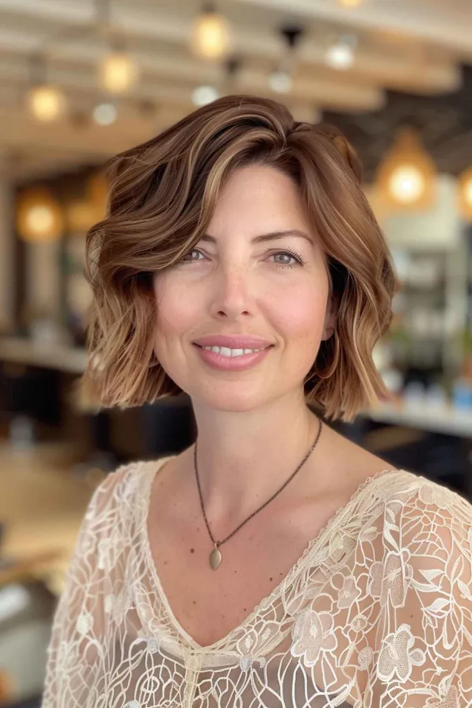 Strukturierter, halslanger Bob mit Seitenscheitel, ideal für ovale Gesichter' title=