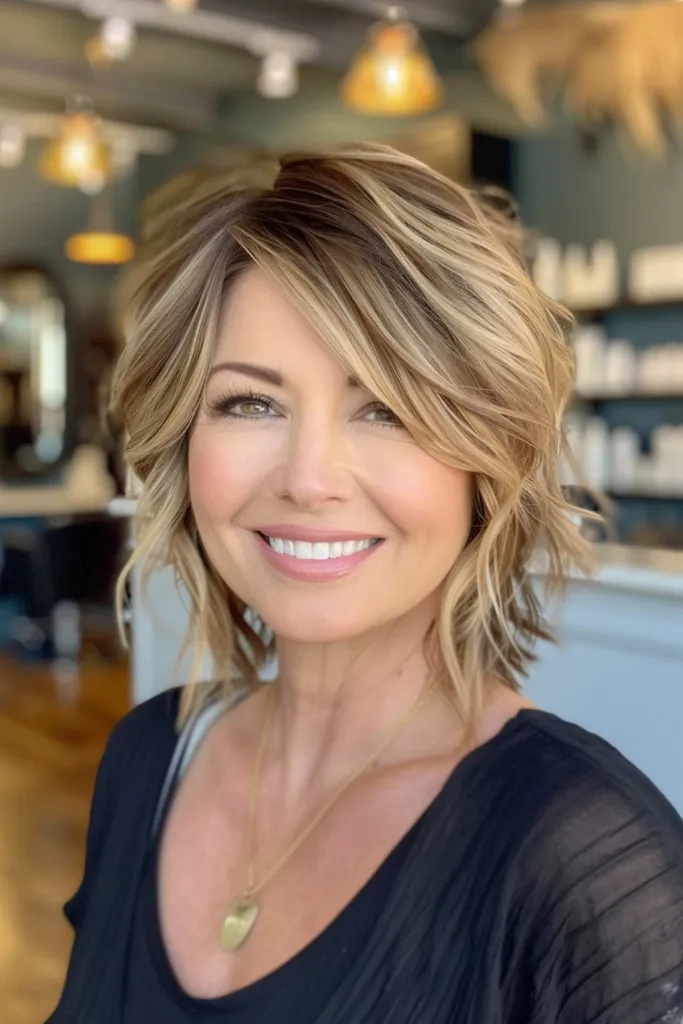 Kurzer, flauschiger, strukturierter Bob mit gefiedertem Pony und Seitenteil' title=