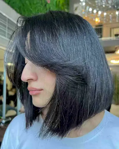 Neck-Length Thick Bob with Swoopy Bangs